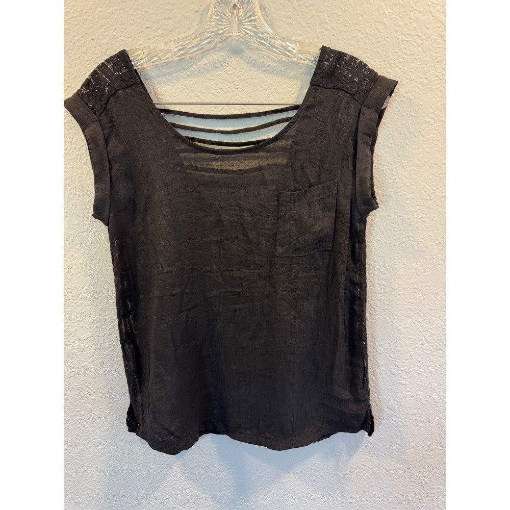 MINE Black Lace Back Strappy Ladder Top Cap Sleeve Pocket Blouse Small